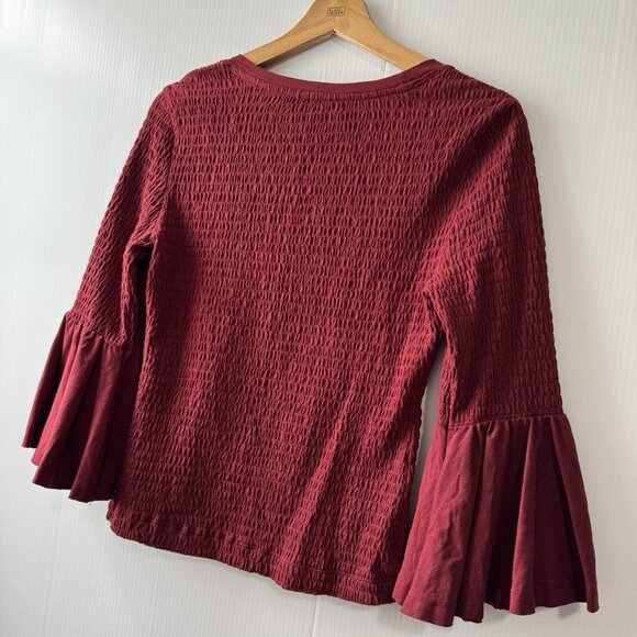 Anthropologie Smocked Bell Sleeve Top Shirt Blouse Wine Red Burgundy Sz Small - Picture 14 of 15